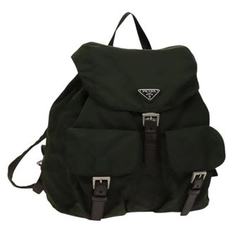 Prada Vela Double Front Pocket Tessuto With Saffiano Leather Khaki Nylon Backpack Bag (Pre-Owned)