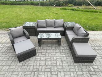 Fimous 8 Seater High Back Rattan Garden Furniture Set w/ Reclining Chair Rectangular Coffee Table 2 Side Tables 2 Big Footstool Indoor Outdoor Sofa