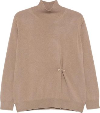 Fabiana Filippi Beige Trui met Hoge Hals en Knoopdetail - Dames - Coltruien - Beige - M - Wol - Truien & Vesten