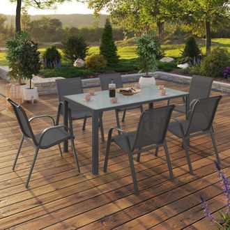 IDMarket Conjunto De Muebles De Jard&iacute;n Madrid Mesa 150 Cm Y 6 Sillas Apilables Gris Antracita Tablero Claro