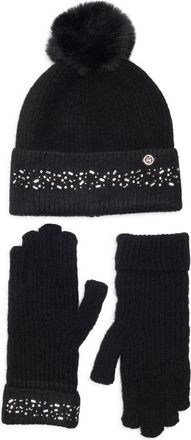 Ted Baker Crystal Faux Fur Pompom Beanie & Scarf Box Set in Black at Nordstrom Rack