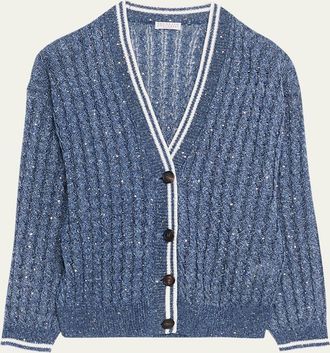 Brunello Cucinelli Linen Dazzling Cable Open-Knit V-Neck Cardigan