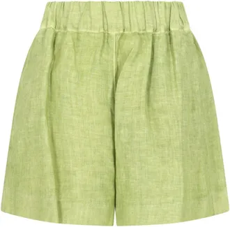 120% Lino Green Gathered Waist Linen Shorts