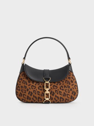 Charles & Keith Agatha Leopard-Print Chain-Accent Hobo Bag