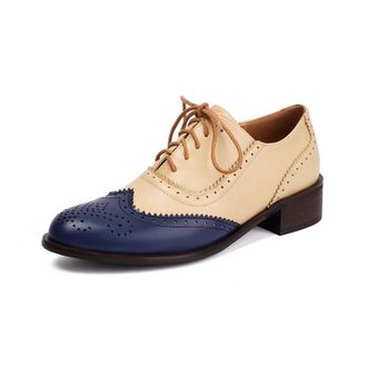 Generic Womens Lace Up Vintage Oxford Shoes Round Toe PU Leather Brogues Shoes Low Block Heel Office Dress Shoes,Blue,4.5 UK