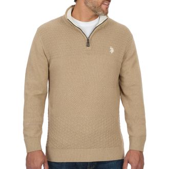 U.S.Polo Association Mens Cable Knit Quarter Zip Textured Ribbed and Collared Pullover Sweater - Classic Solid Color, Camel Heather, Large