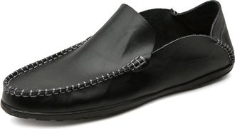 Generic Mens Loafers Genuine Leather Round Toe Stitching Details Lightweight Comfortable Anti-Slip Outdoor Slip-ons(Black,5.5 UK)