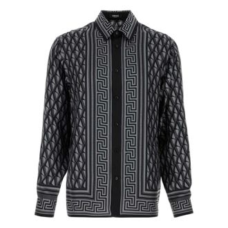 Versace Casual Shirts, male, Gray, Size: XL Printed Silk Twill Regular Shirt