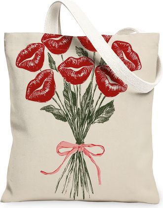 Generic Floral Canvas Tote Bags, Vintage Flower Kiss Pattern Reusable Grocery Bags, Lightweight Washable Shoulder Strap Canvas for Travel Beach Picnic 13x15 I
