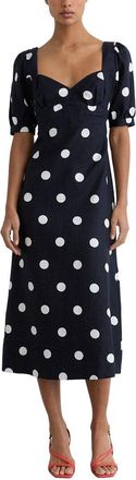 Reiss Astrid Linen Puff Sleeve Polka Dot Midi Dress