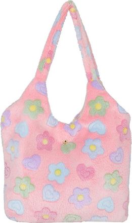 Generic Flower Pattern Versatile Shopping Bag Large Capacity Simple Plush Bag Soft Female Travel Bag Women Cute Furry Hobo Bag (Pink)