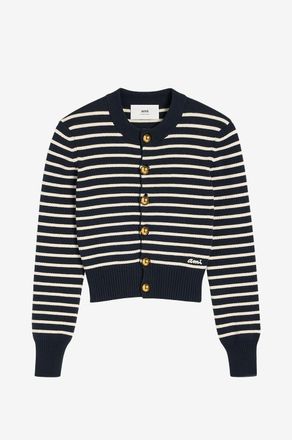 Ami Schmaler gestreifter gekn&ouml;pfter Cardigan aus Baumwolle und Wolle