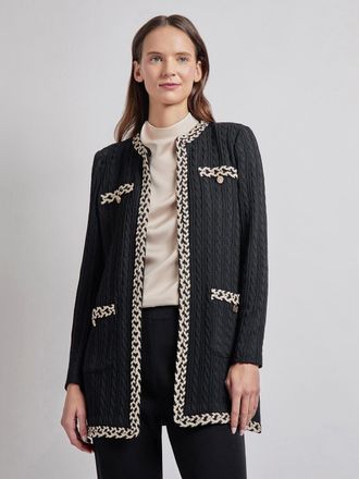 Misook Jewel Neck Contrast Trim Cable Knit Jacket