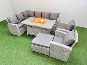 Fimous Rattan Corner Sofa Chair Set Gas Fire Pit Table with Temper Glass Footstools Light Grey Mixed