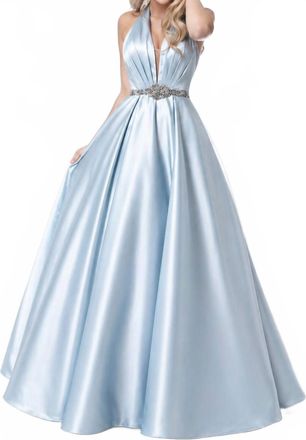 Sherri Hill Halter Beaded Waist Prom Dress In Light Blue