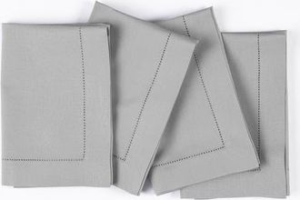 Solino Home Cotton Linen Hemstitch Dinner Napkins Set of 4, 20 x 20 Inch for Dining Table, Holiday and Everyday Table Decor in Light Grey at