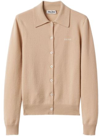 Miu Miu intarsia-knit logo cardigan - women - Cashmere - 36 - Neutrals