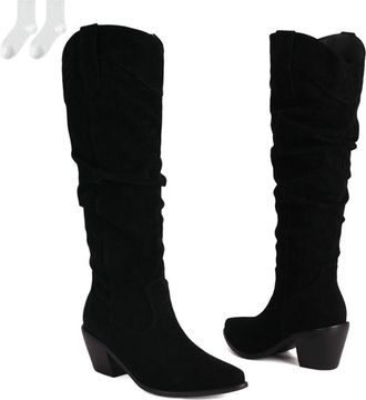 Generic Womens Knee-High Boots in A Suede Look, Casual Pull-On Boots with A Block Heel, Comfortable Tall Boots with A Pointed Toe for Everyday Wear, Autumn An