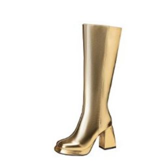 Generic Women Knee High Metallic PU Leather Square Toe Fashion Boots Block Heels Side Zip Glossy Solid Color Comfortable Durable,Gold,3.5 UK