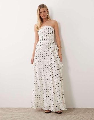 Mango Vestito lungo color crema e nero a pois con spalle scoperte-Neutro