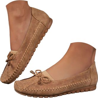 Generic Womens Suede Loafers Perforated Ballet Flat with Bow Breathable Memory Foam Insole Shoes Rubber Sole for All-Day Wear (Khaki, 6.5)