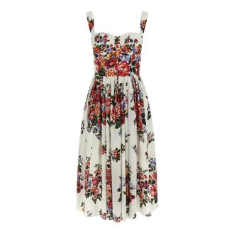 Dolce & Gabbana Midi Dresses, female, White, Size: M Mazzo di Fiori Print Cotton Midi Dress