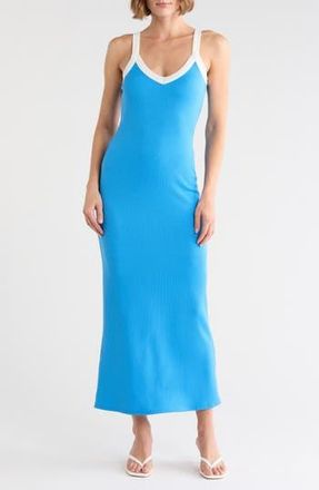 Loveappella Contrast Trim Ribbed Tank Dress in Blue at Nordstrom Rack, Size X-Large