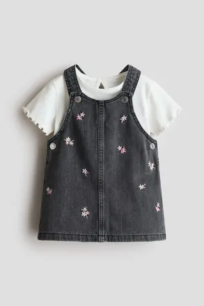 H&M 2-piece Dungaree Dress And Top Set in Dark Gray/floral at Nordstrom, Size 12M
