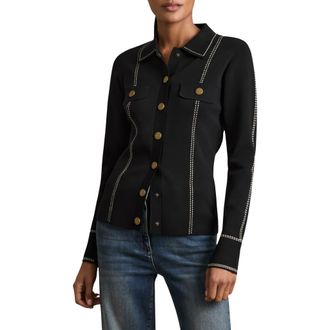 Reiss Eden Compact Knit Topstiched Press Stud Top in Black at Nordstrom Rack, Size X-Small
