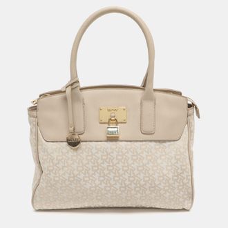 DKNY Dkny Heritage Lock Light Beige Signature Canvas And Leather Tote
