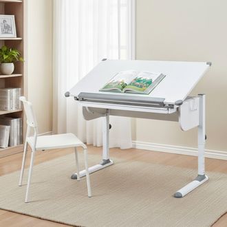 Dmora Dmora Bureau R&eacute;glable En Hauteur Avec &Eacute;tag&egrave;re Inclinable, En M&eacute;tal Blanc, 110x68x55-78 Cm
