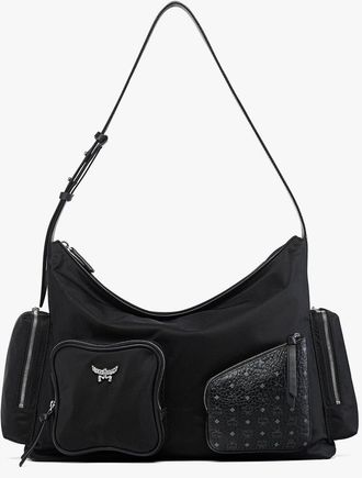 MCM Aren Zip Hobo in ECONYL and Monogram Print Leather in Black at Nordstrom