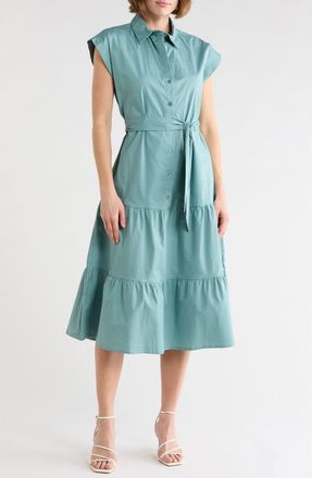 Maggy London Tie Waist Stretch Cotton Shirtdress in Mineral Blue at Nordstrom Rack, Size 18 (Similar To 16W)