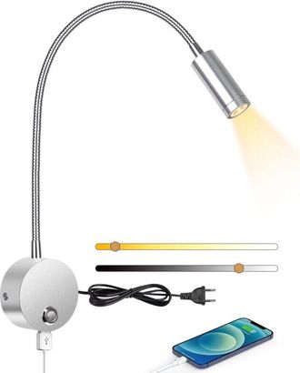 OEM Liseuse Murale Led - 3 W - 3000-6000 K Ajustable - Cuello De Ganso Flexible 360&deg; - Enchufe Ue - 1 Unidad