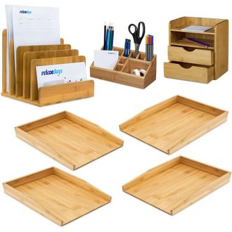 Relaxdays 7x Accessori, Set da Scrivania in Bamb&ugrave;, 4 Portadocumenti A4, Portalettere Impilabile, Portapenne, Organizer, Naturale