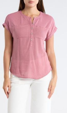 Lucky Brand Mixed Media Short Sleeve Cotton Henley Top in Mesa Rose at Nordstrom Rack, Size X-Large