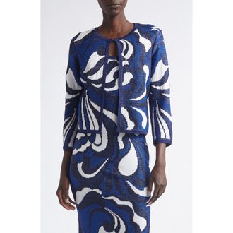 St. John Nancy Midcentury Scroll Jacquard Knit Jacket in Midnight/cobalt Metallic at Nordstrom, Size X-Small