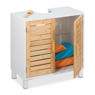 Relaxdays Mueble Bajo Lavabo Con 2 Puertas, Armario Ba&ntilde;o, 60x60x32 Cm, Mdf Y Bamb&uacute;, Agujero Para Sif&oacute;n, Blanco Y Natural - Relaxdays