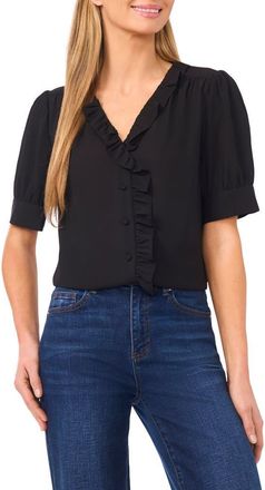 CeCe by Cynthia Steffe Ruffle Detail Short Sleeve Georgette Button-Up Shirt in Rich Black at Nordstrom, Size X-Small