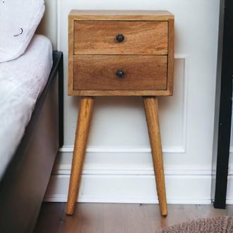 Direct Wicker Solid Wood Mini Oak-ish Bedside, 2 Drawers in Brown | Size: 1 Pack