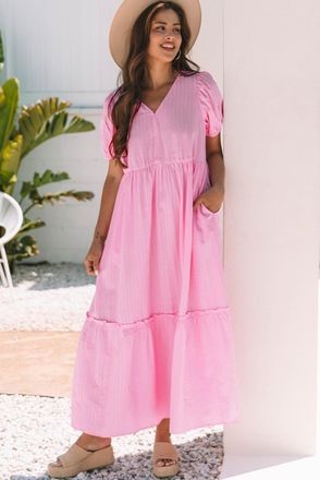 Azura Exchange Womens Tiered Maxi Dress Puff Sleeves - Light Pink - Size Medium