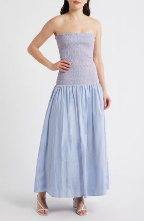 Line & Dot Eleni Smocked Strapless Maxi Dress in Blue Multi at Nordstrom, Size X-Small