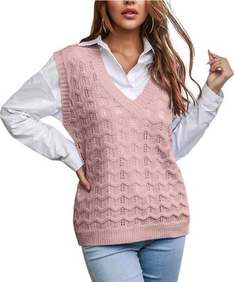 Generic Womens Autumn and Winter Fashion Plain V-Neck Knitted Jumper Vest Cable Knit Sleeveless Checked Knitted Tanks Sweatshirt Women