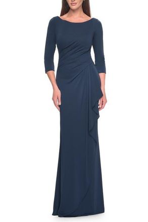 La Femme Chic Long Evening Gown with High Neck and Ruffle Detail in Navy at Nordstrom, Size 20