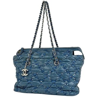 Chanel Blue Nylon Leather Shoulder Bag Tote Bag (Pre-Owned)