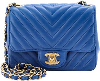 Chanel Blue Lambskin Chevron Quilted Leather Square Classic Single Flap, Never Carried (Authentic Pre-Loved)