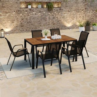 IDMarket Conjunto De Muebles De Jard&iacute;n Noumea - Mesa De 150 Cm Con Tablero De Cristal Templado Efecto Madera Y 6 Sillas Apilables De Made