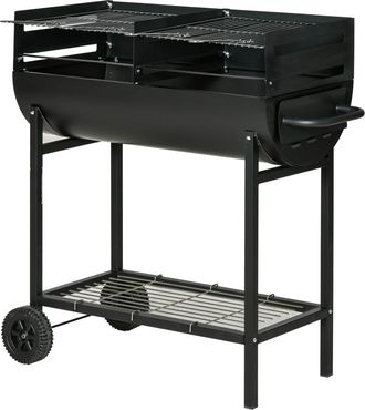 OUTSUNNY Barbacoa De Carb&oacute;n Con Parrilla Ajustable En Altura Para Exterior Barbacoa Port&aacute;til Con Estante De Almacenaje Y Ruedas 90x45x96 Cm Negro