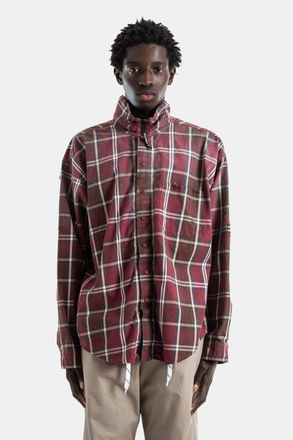 Balenciaga Mens Flannel Plaid Bordeaux Zipped Collar Shirt Red