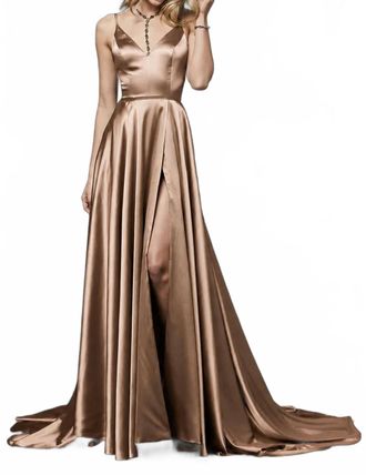 Sherri Hill Silk Charmeuse V-Neck High Slit Gown In Mocha